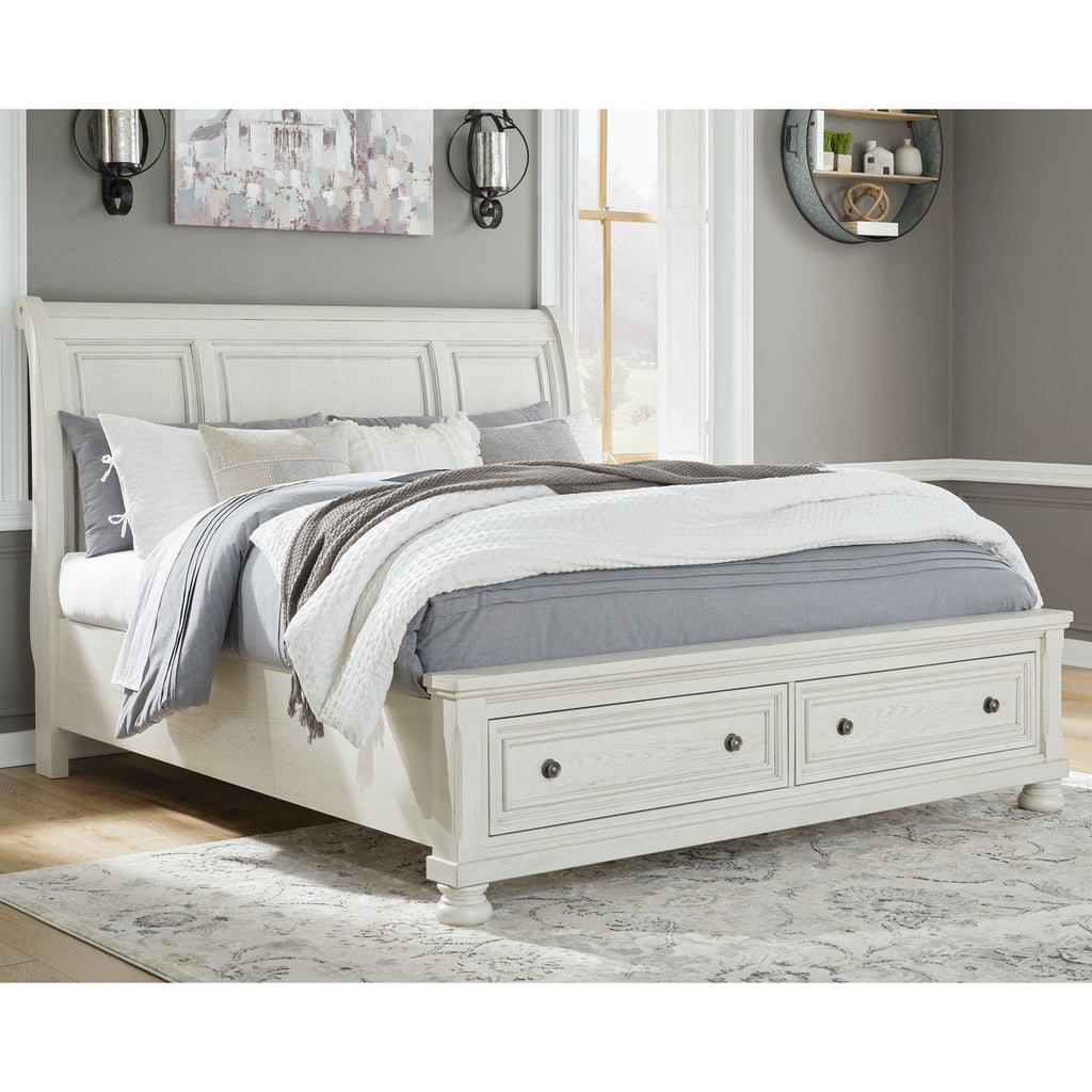 Robbinsdale - Antique White - King Sleigh Bed With 2 Storage Drawers ...