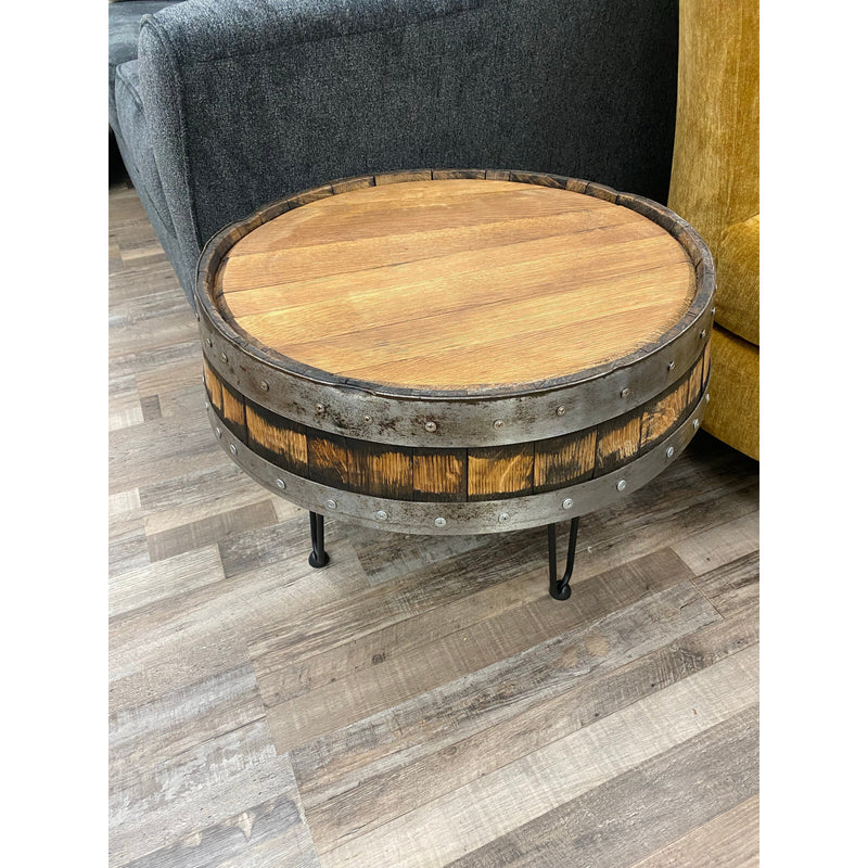Whiskey & Wine Design Bourbaon Barrel Head W/Metal Ring Hairpin Table in Amber-Washburn's Home Furnishings