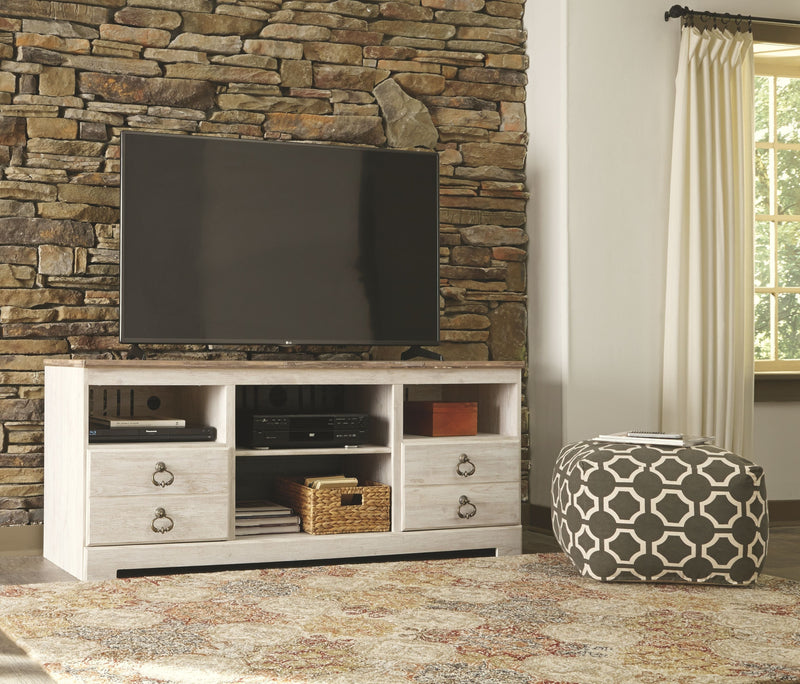 Willowton - Whitewash - 2 Pc. - 64" Tv Stand With Faux Firebrick Fireplace Insert-Washburn's Home Furnishings