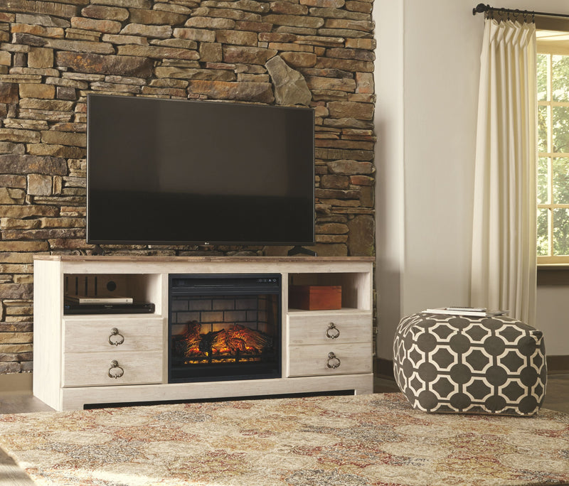 Willowton - Whitewash - 2 Pc. - 64" Tv Stand With Faux Firebrick Fireplace Insert-Washburn's Home Furnishings